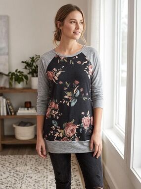 Floral Raglan Long-Sleeve Top in Black and Gray